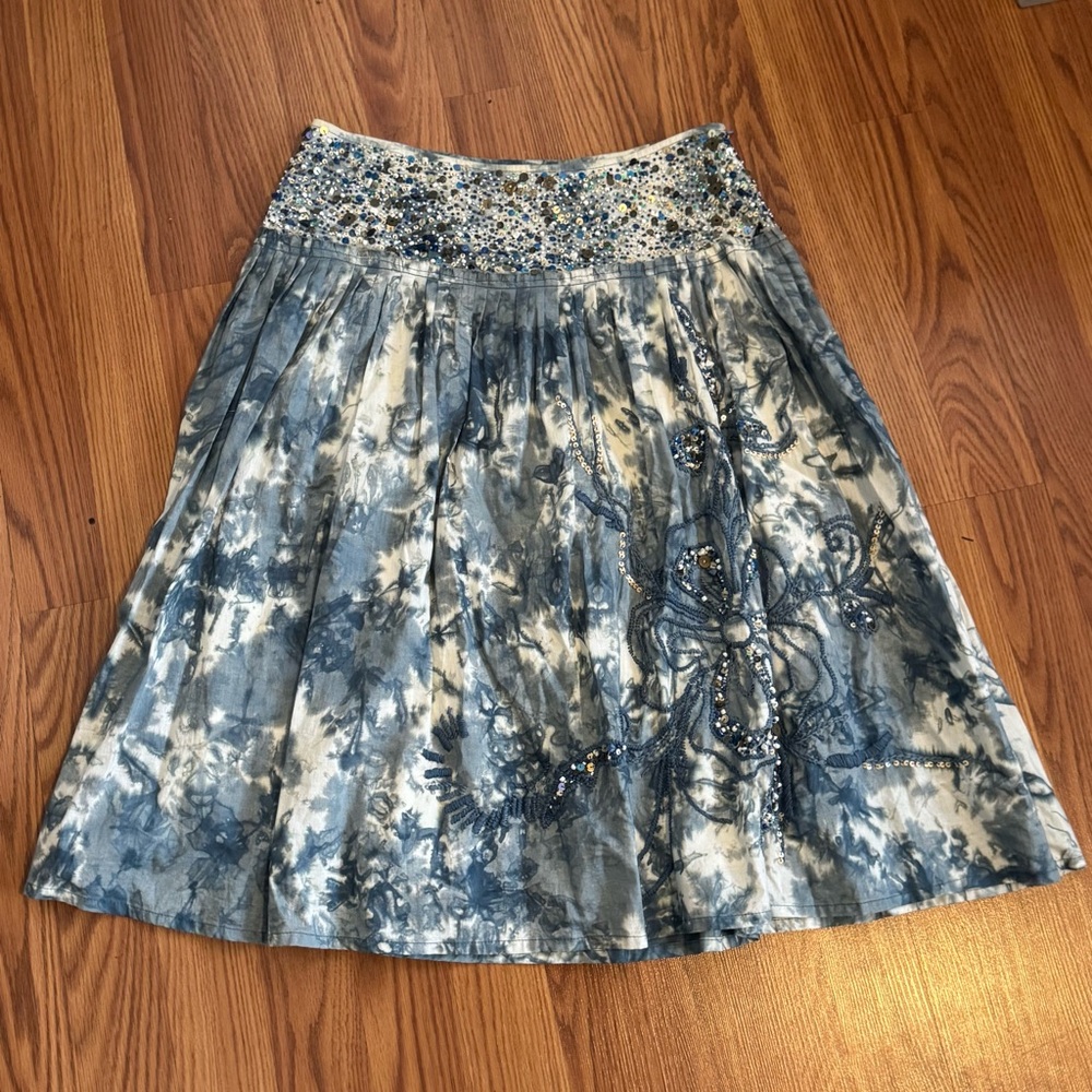 Haven Bleu Sequin Beaded Floral Stitch Embroidered Blue Floral Skirt Boho Size S